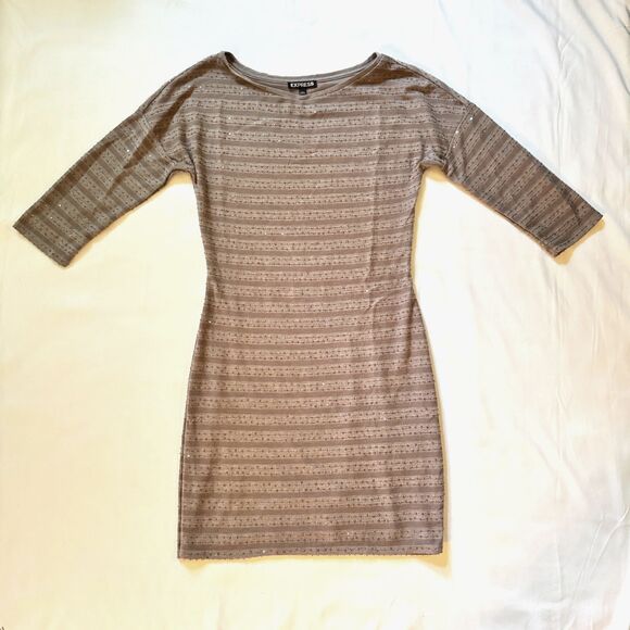 Express Dresses & Skirts - Express Taupe Sequins Mini Dress With 3/4 Sleeves Y2K 2000s Women's Size Small